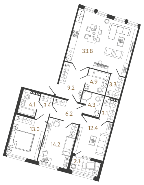 3 комн. квартира, 111.9 м², 7 этаж 