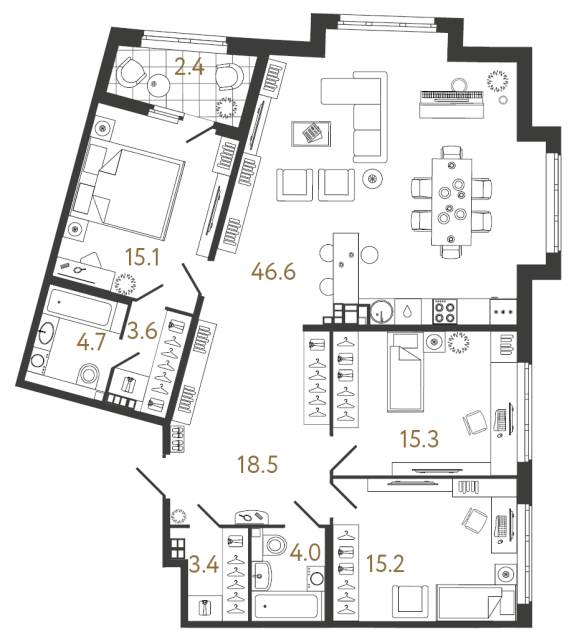 3 комн. квартира, 126.4 м², 5 этаж 