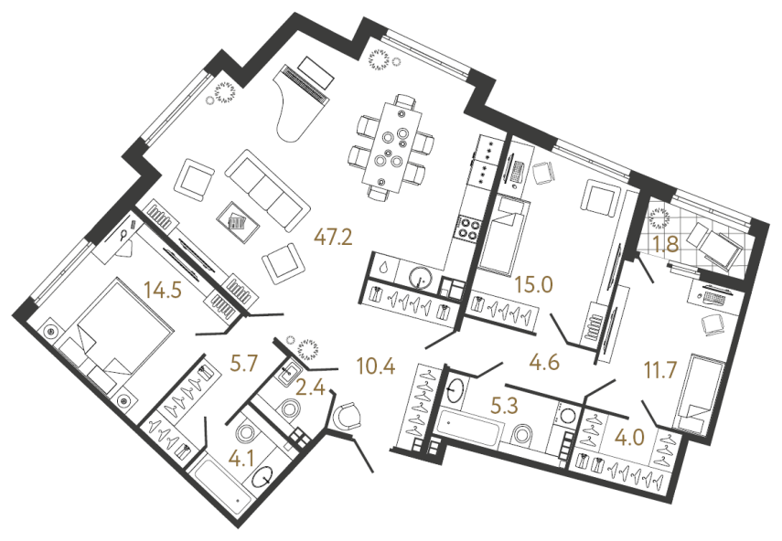 3 комн. квартира, 124.9 м², 5 этаж 