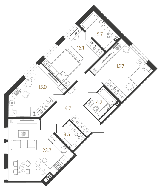 3 комн. квартира, 97.6 м², 3 этаж 