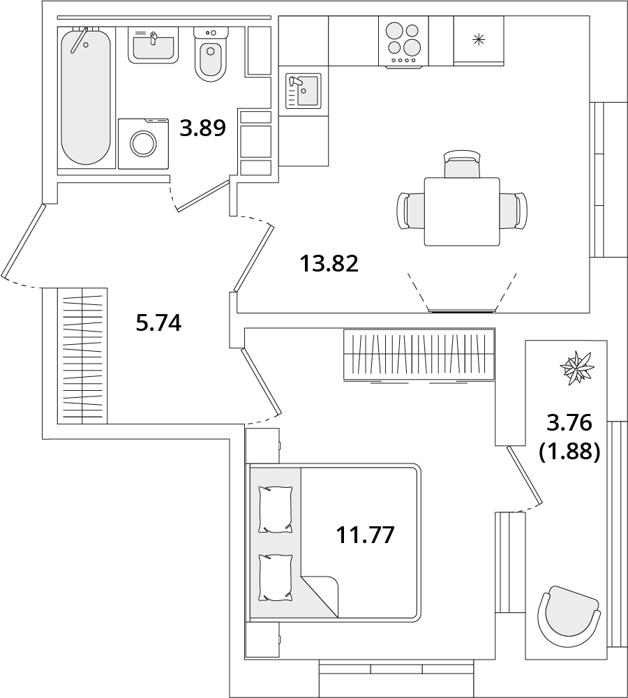1 комн. квартира, 37.1 м², 8 этаж 