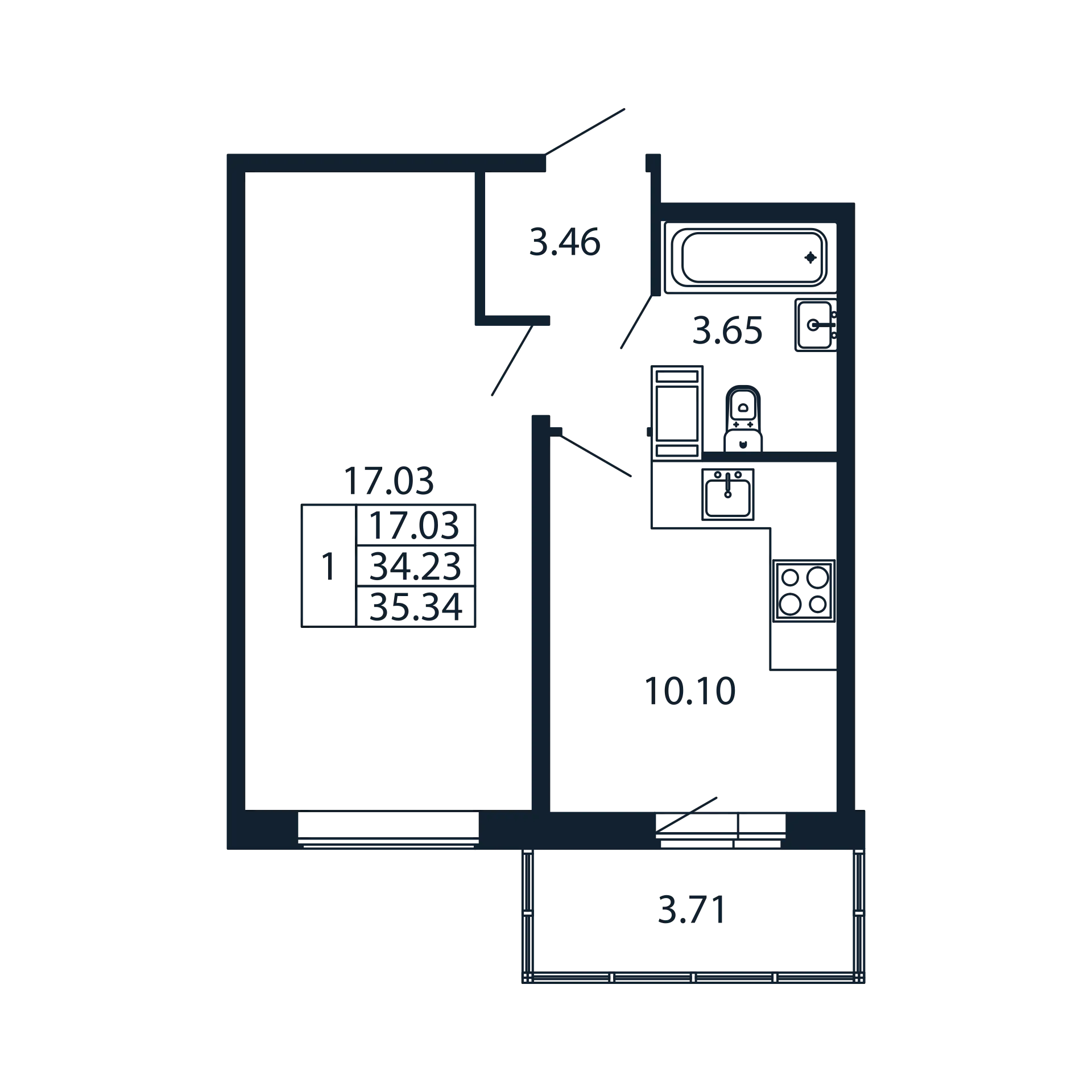 1 комн. квартира, 34.2 м², 7 этаж 