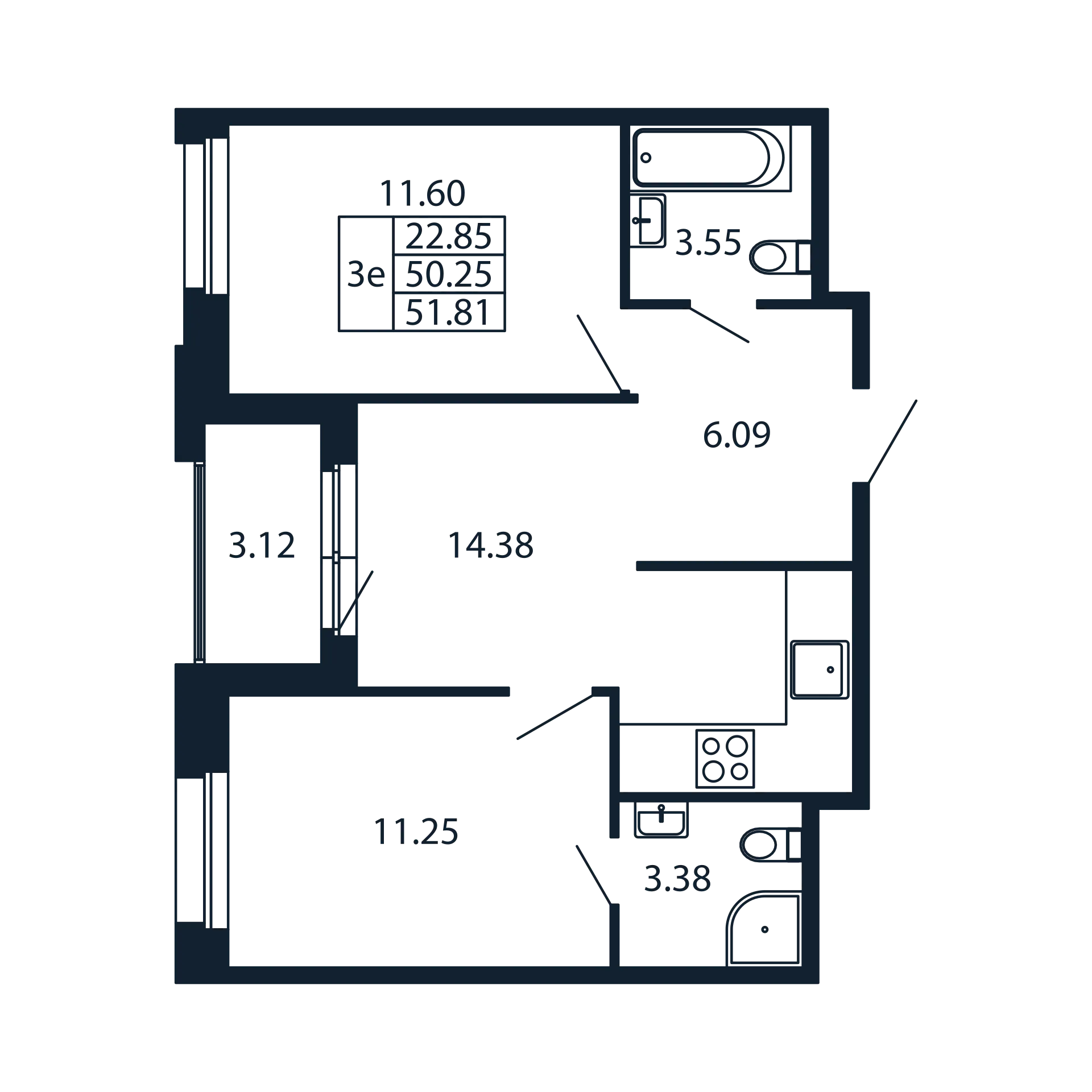 3 комн. квартира, 50.2 м², 2 этаж 