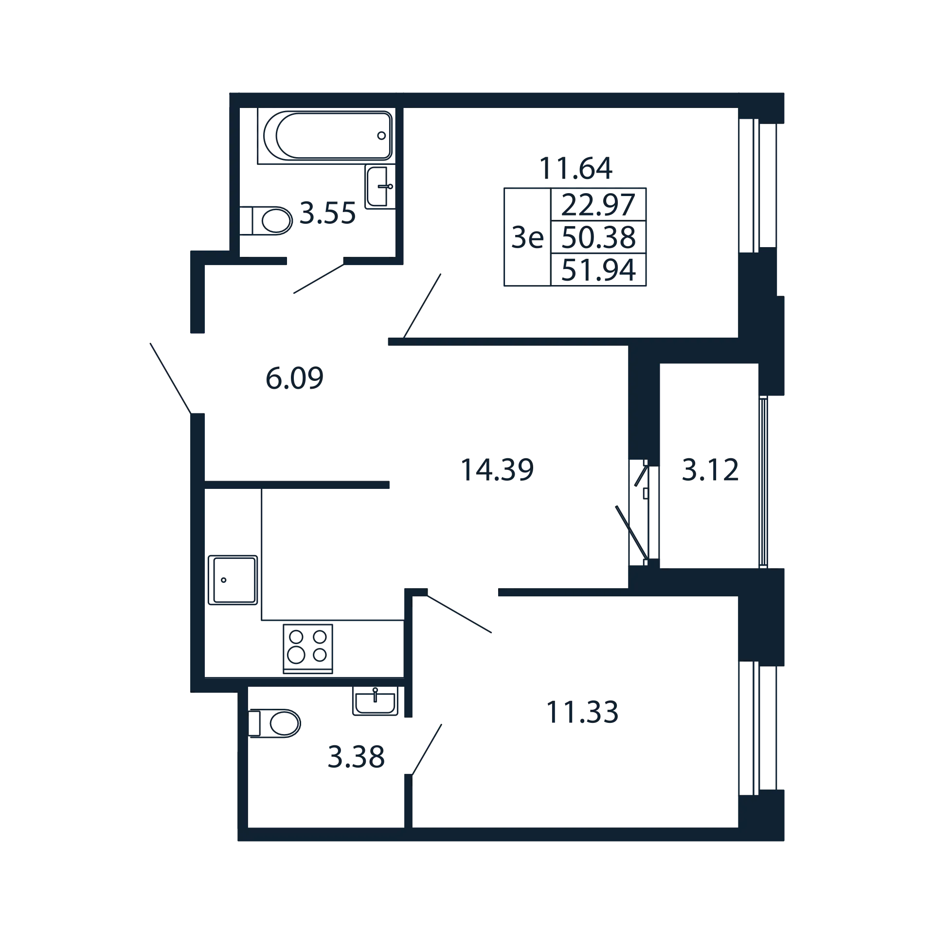 3 комн. квартира, 50.4 м², 10 этаж 