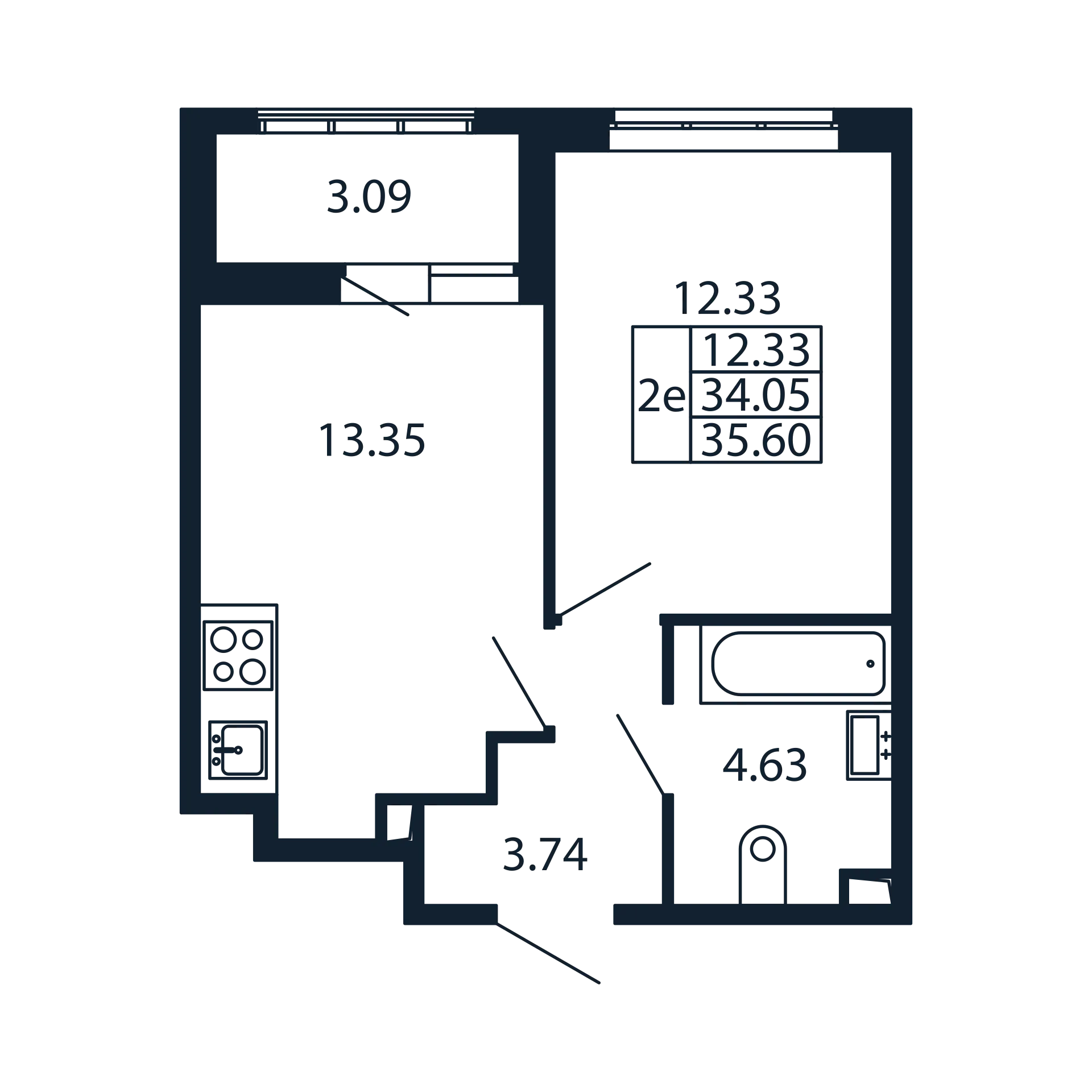 2 комн. квартира, 33.6 м², 2 этаж 