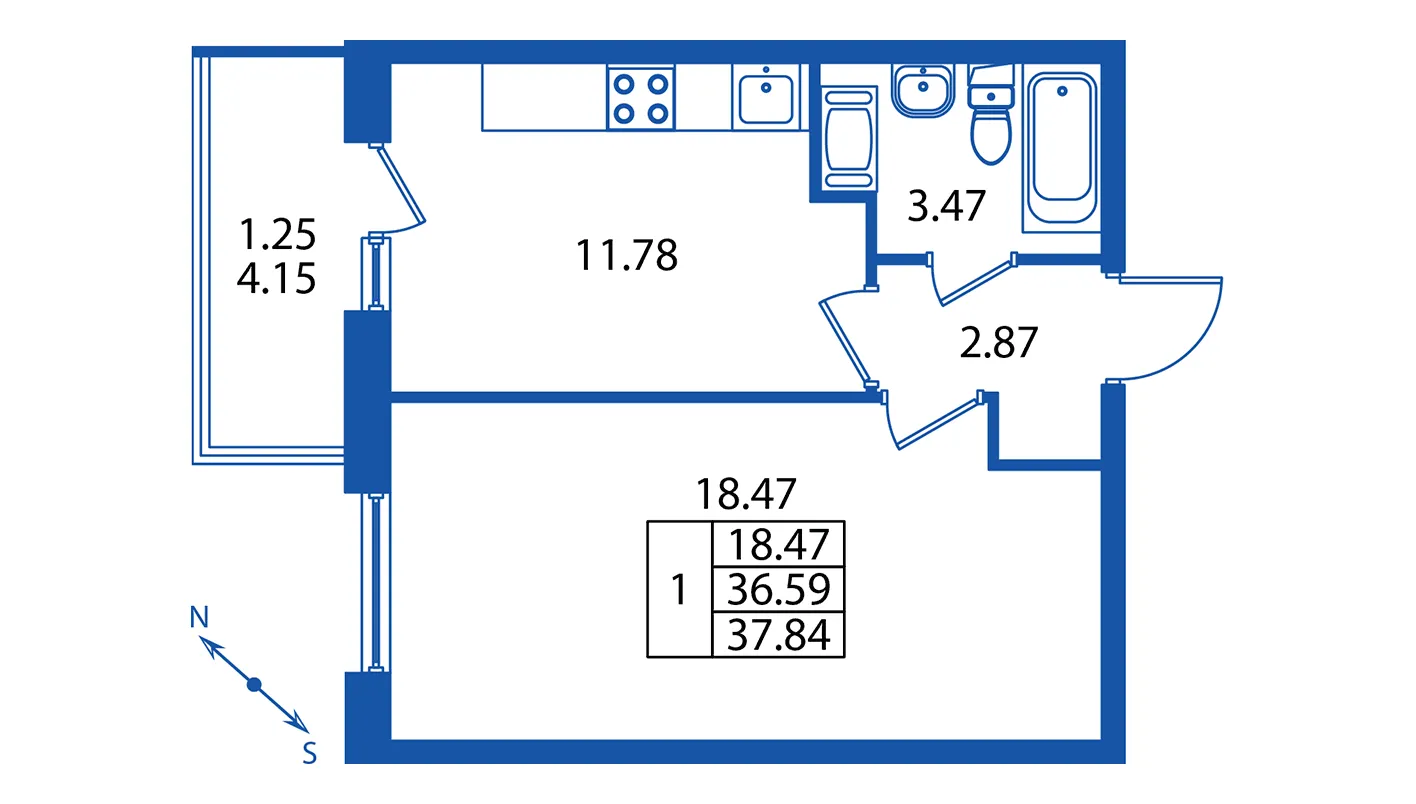 1 комн. квартира, 36.2 м², 12 этаж 