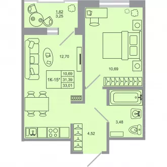 1 комн. квартира, 33 м², 11 этаж 