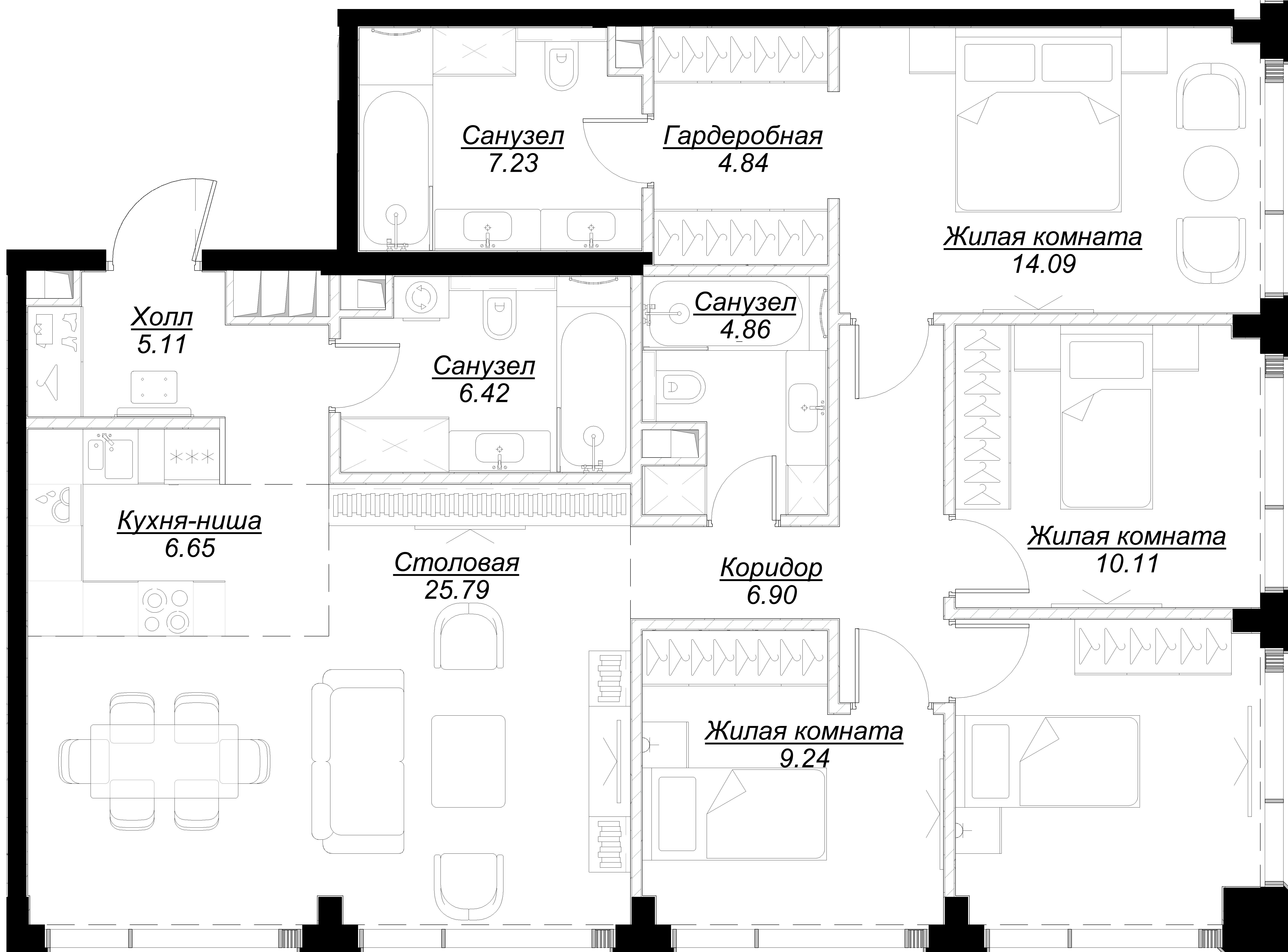 4 комн. квартира, 111.6 м², 48 этаж 