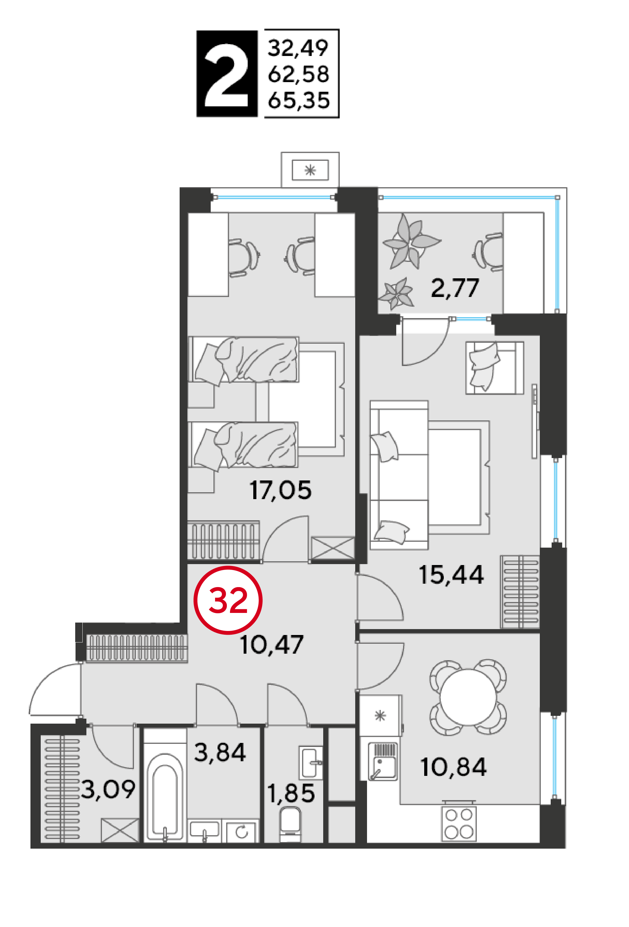2 комн. квартира, 65.3 м², 4 этаж 