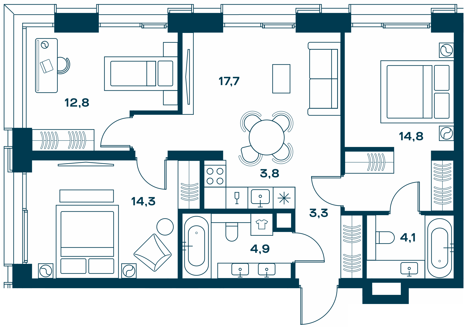 3 комн. квартира, 75.7 м², 19 этаж 