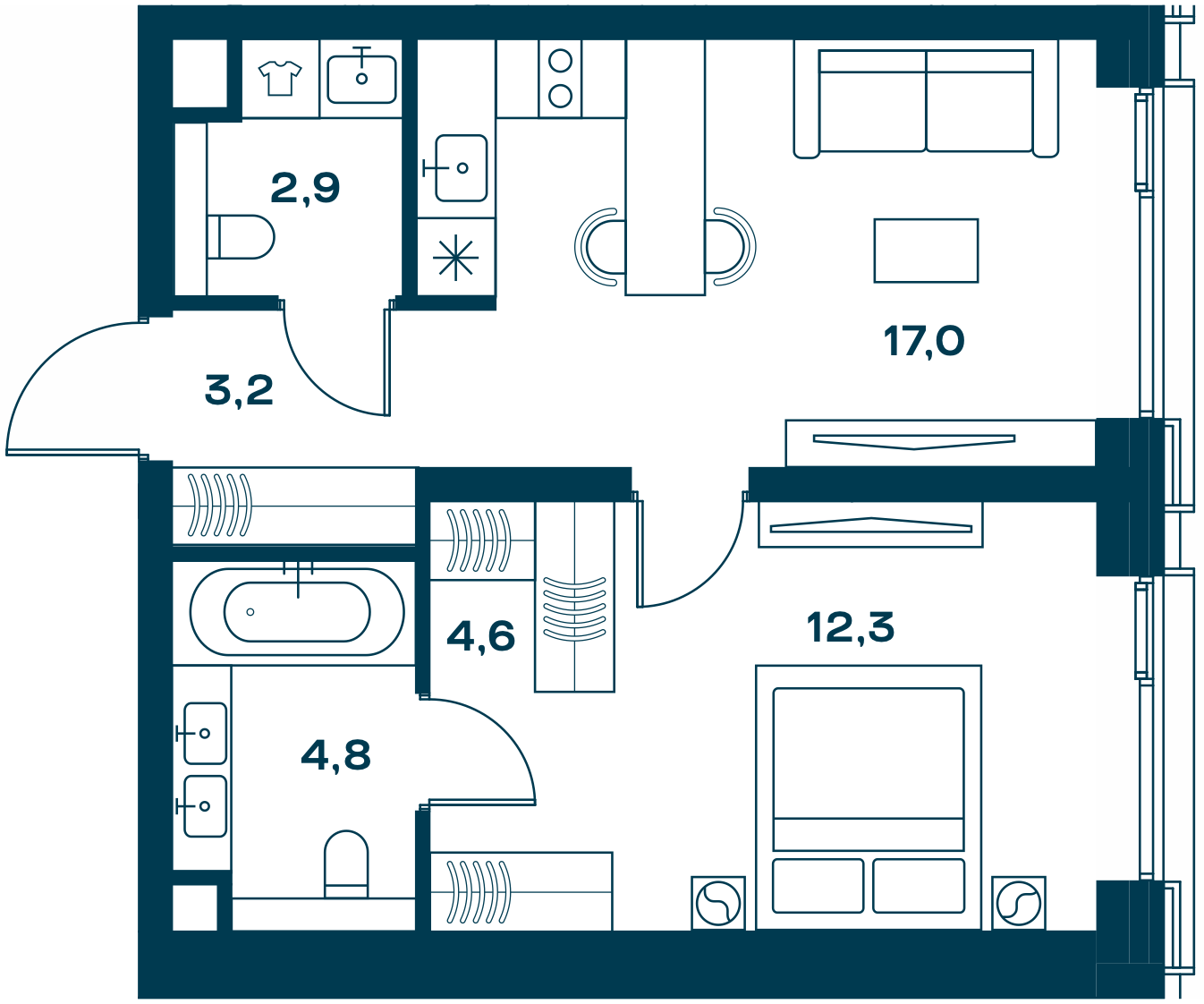 1 комн. квартира, 44.8 м², 2 этаж 