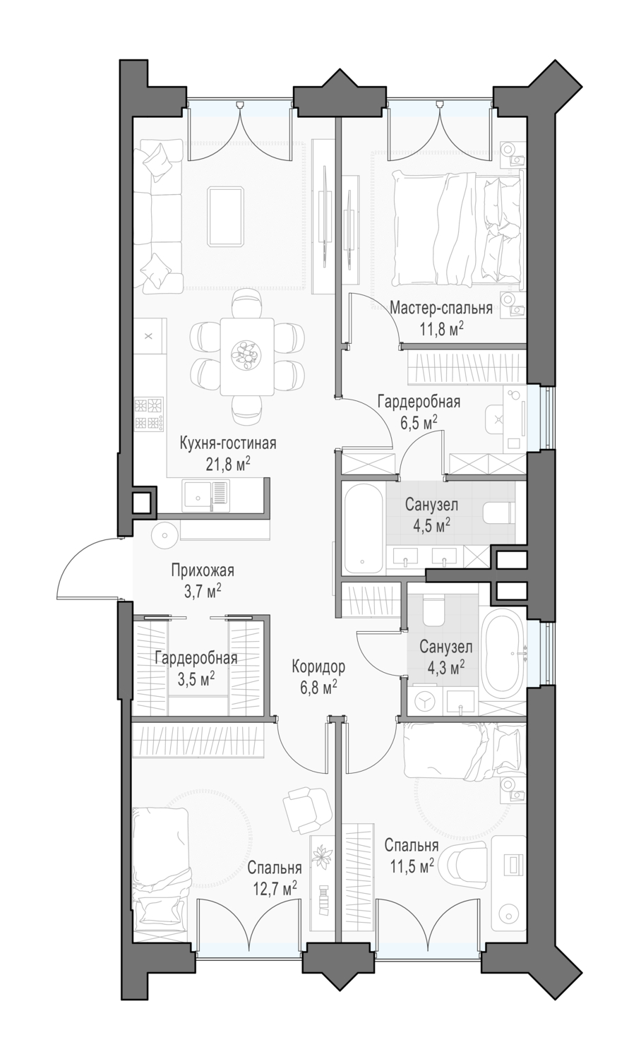 3 комн. квартира, 88.9 м², 23 этаж 