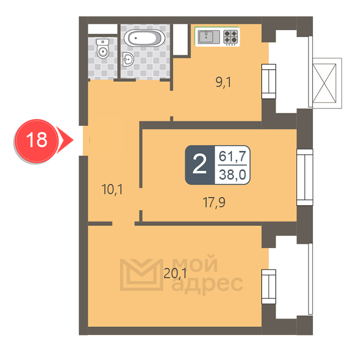 2 комн. квартира, 61.7 м², 4 этаж 