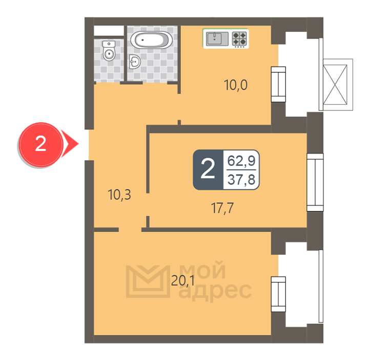 2 комн. квартира, 62.9 м², 2 этаж 