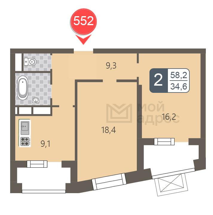 2 комн. квартира, 58.2 м², 26 этаж 