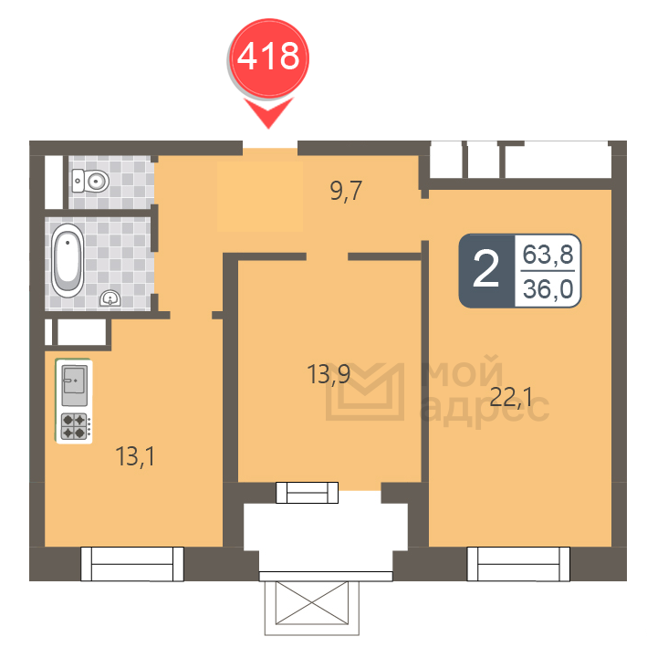 2 комн. квартира, 63.8 м², 11 этаж 