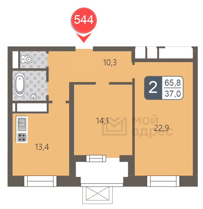 2 комн. квартира, 65.8 м², 25 этаж 