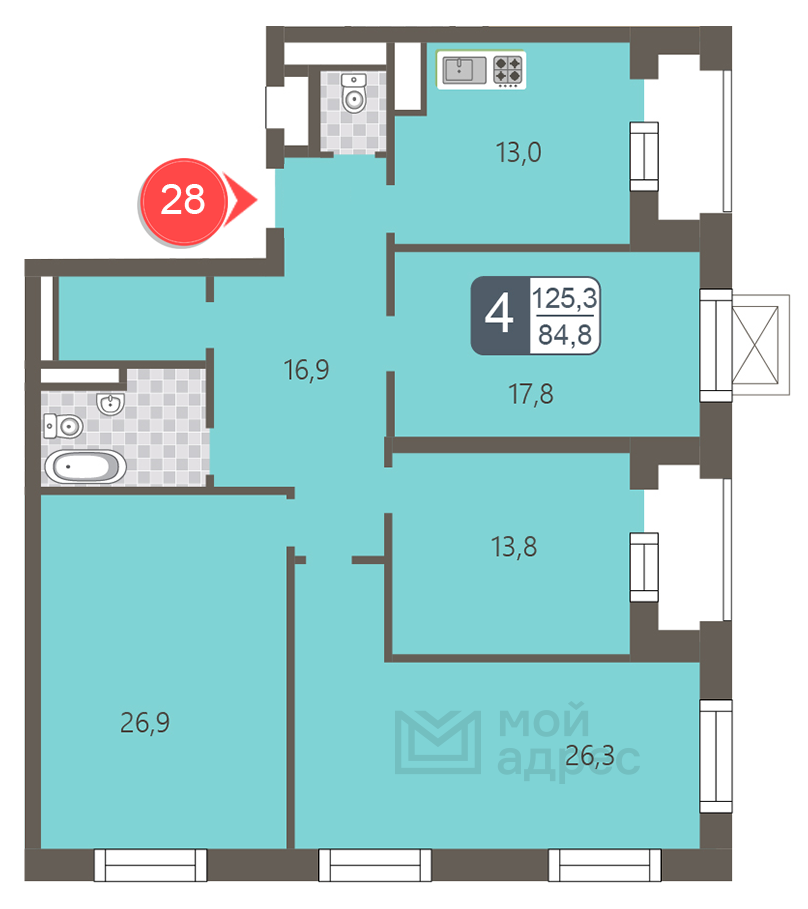 4 комн. квартира, 125.3 м², 5 этаж 