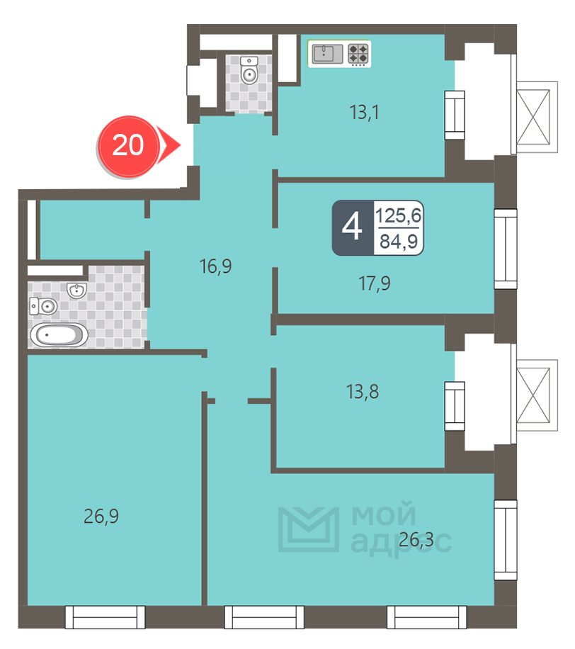 4 комн. квартира, 125.6 м², 4 этаж 