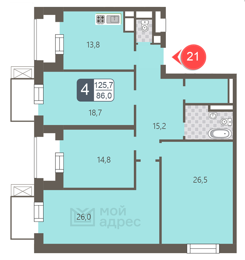 4 комн. квартира, 125.7 м², 4 этаж 