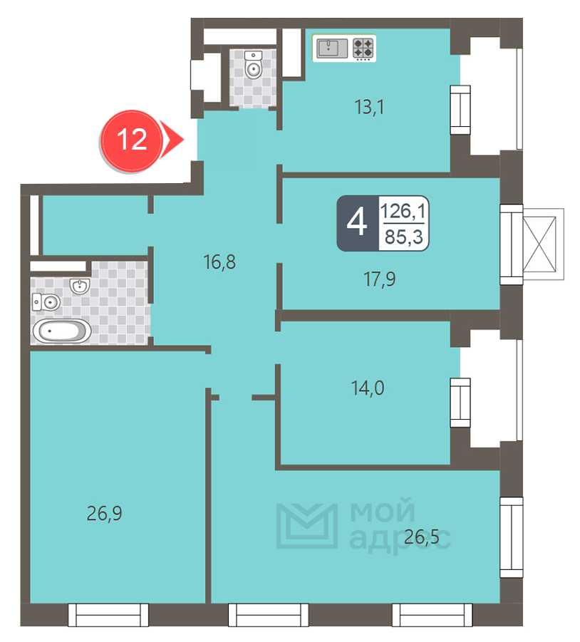 4 комн. квартира, 126.1 м², 3 этаж 