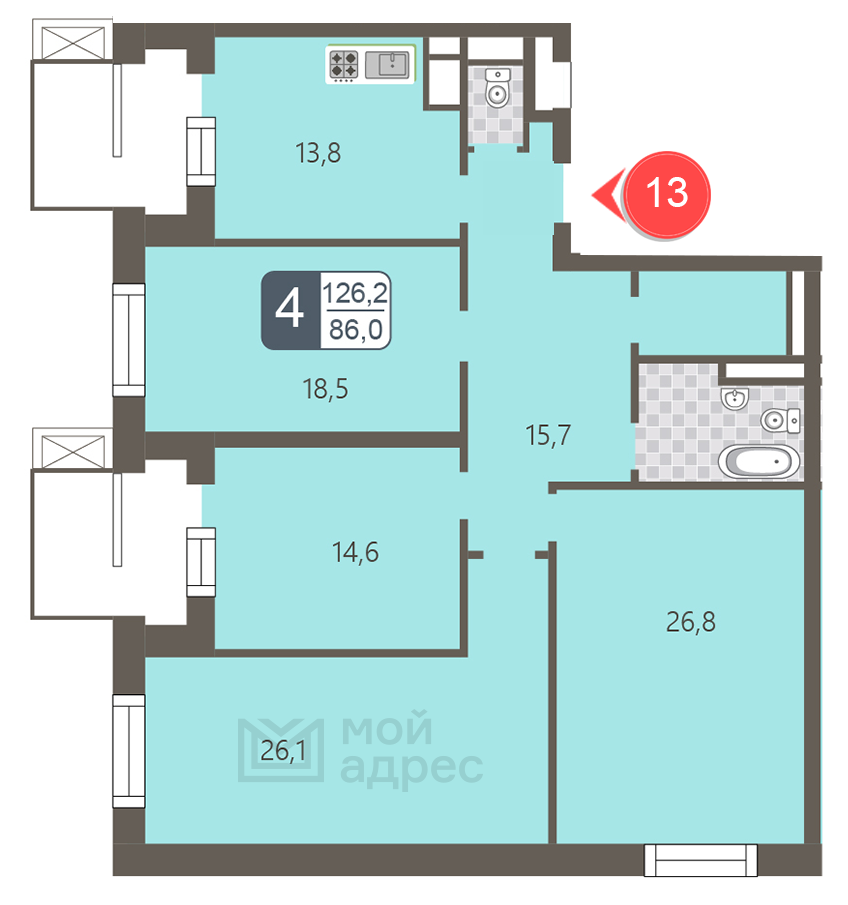 4 комн. квартира, 126.2 м², 3 этаж 