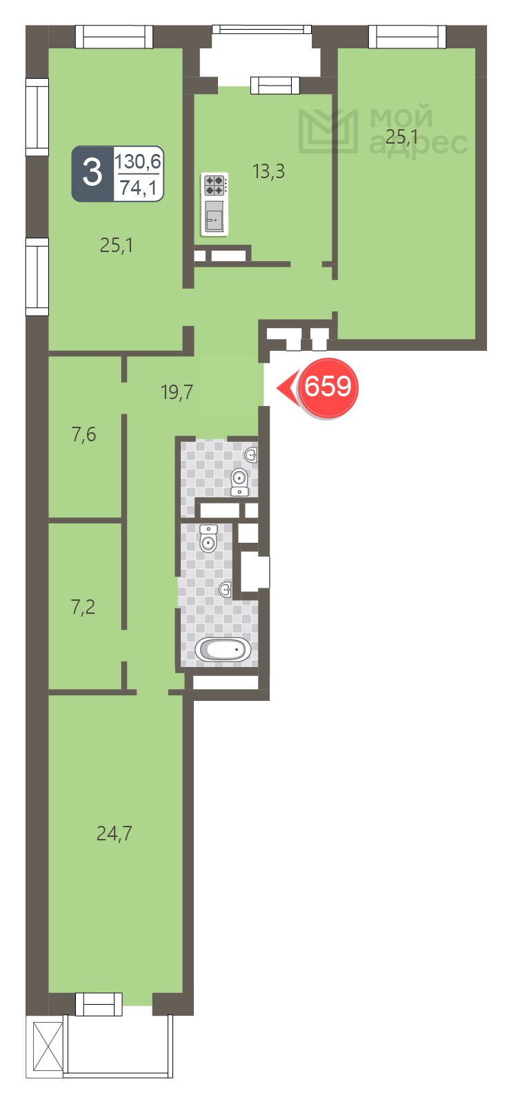 3 комн. квартира, 130.6 м², 3 этаж 