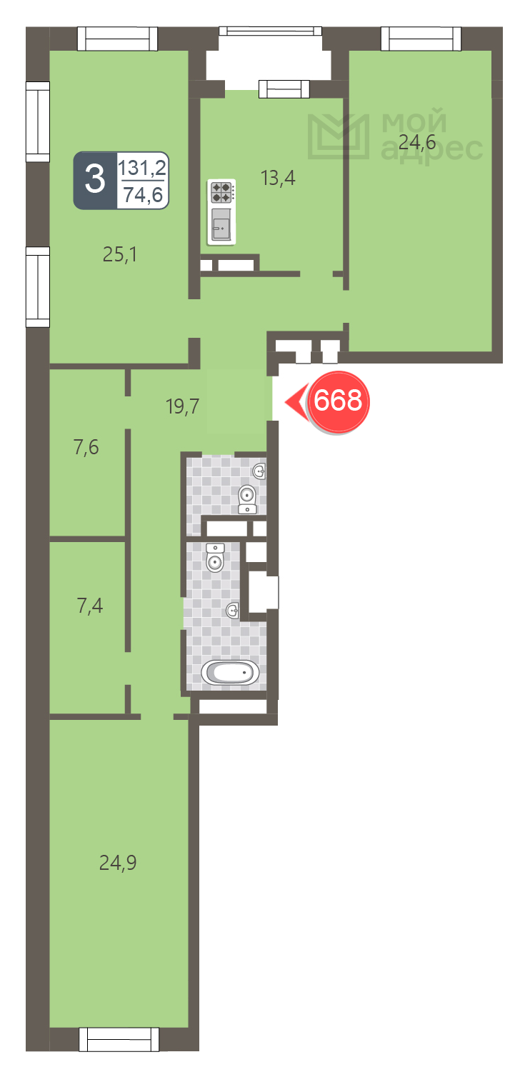 3 комн. квартира, 131.2 м², 4 этаж 