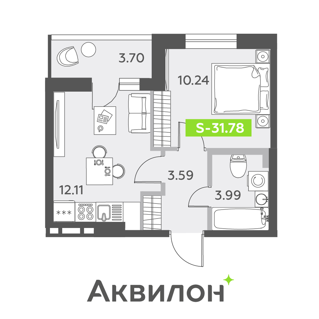 1 комн. квартира, 31.8 м², 2 этаж 