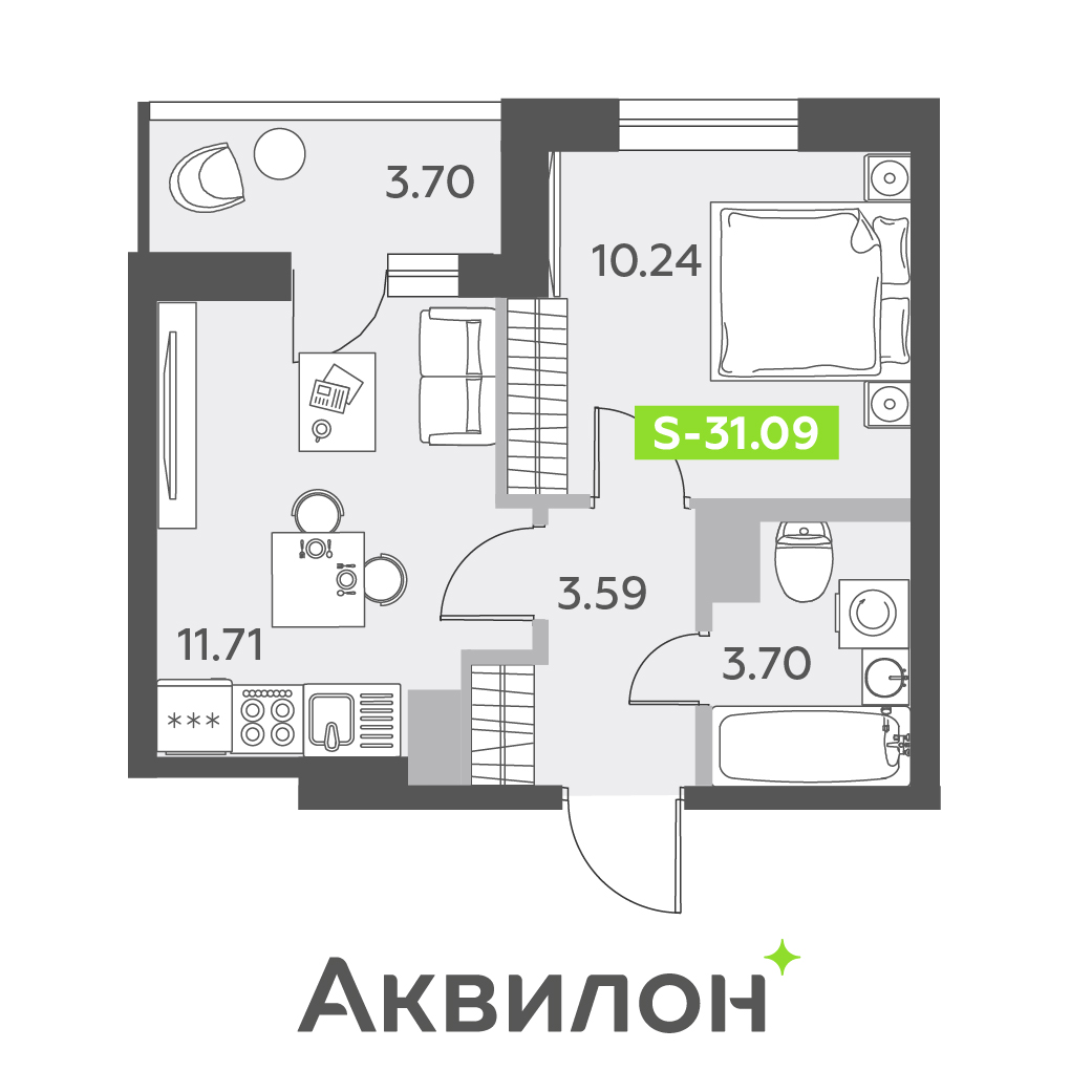 1 комн. квартира, 31.1 м², 12 этаж 