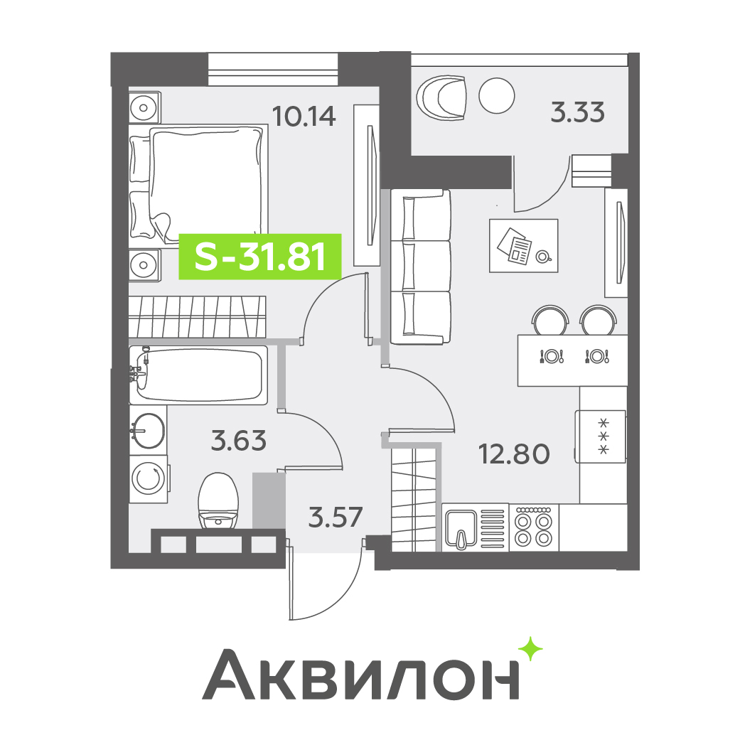 1 комн. квартира, 31.8 м², 12 этаж 