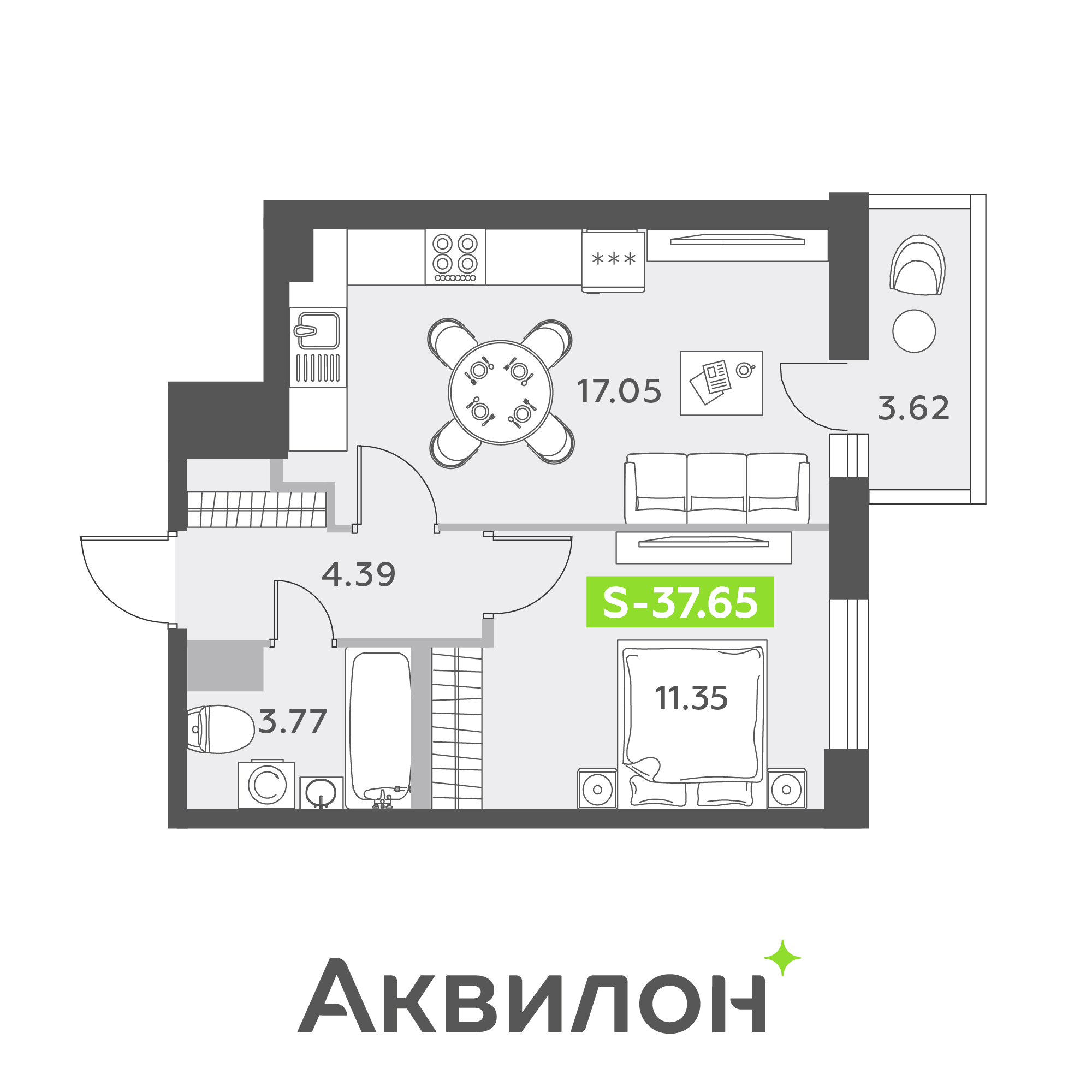 1 комн. квартира, 37.6 м², 12 этаж 