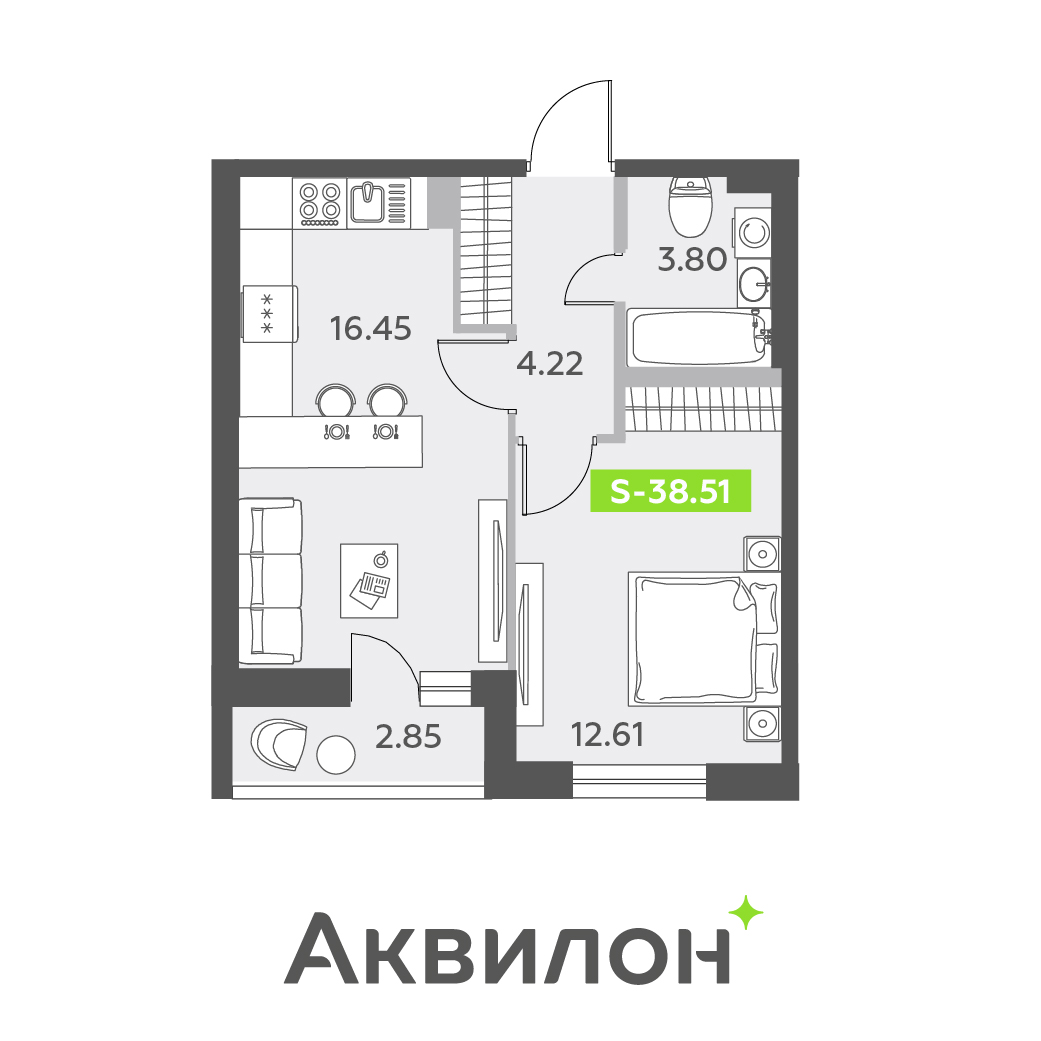 1 комн. квартира, 38.5 м², 2 этаж 