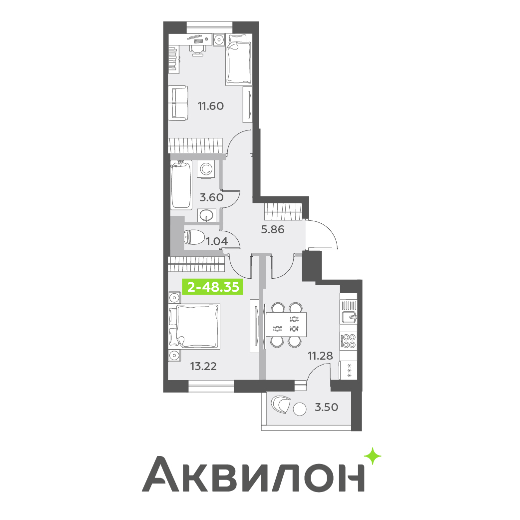 2 комн. квартира, 48.4 м², 12 этаж 