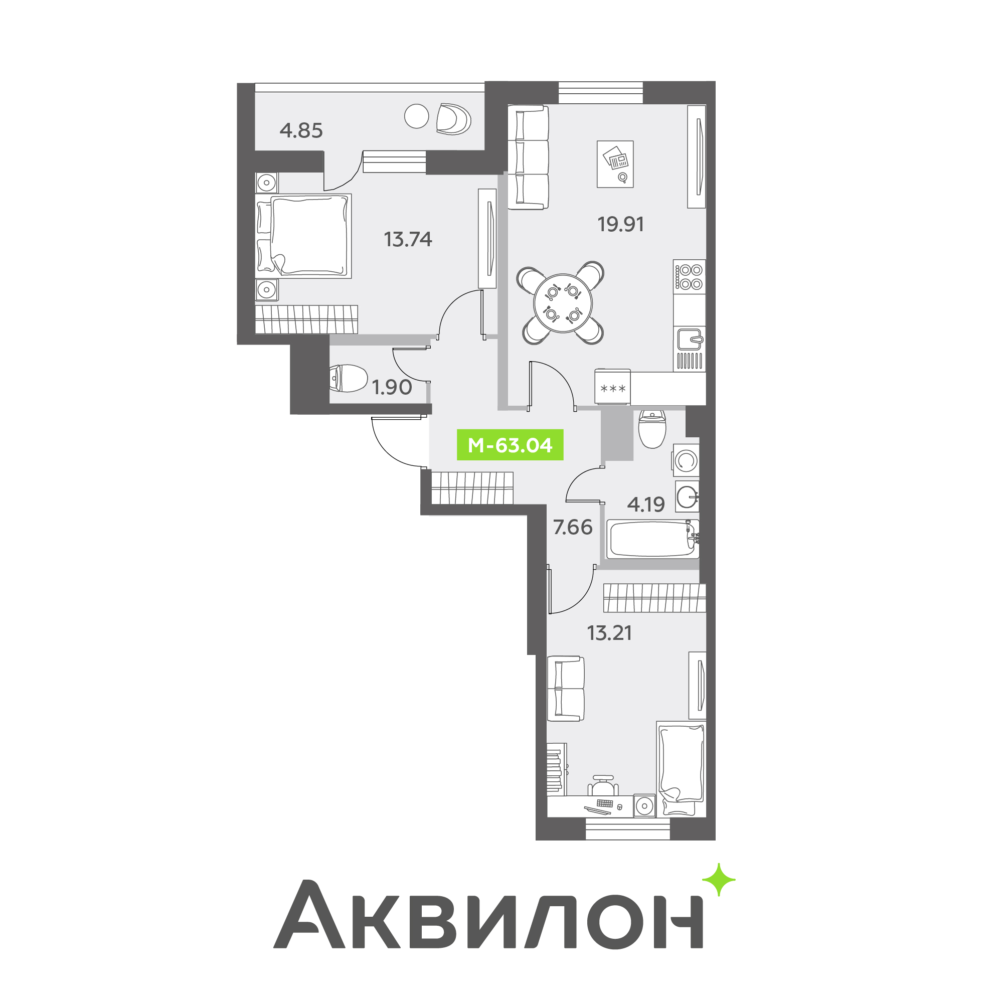 2 комн. квартира, 63 м², 11 этаж 