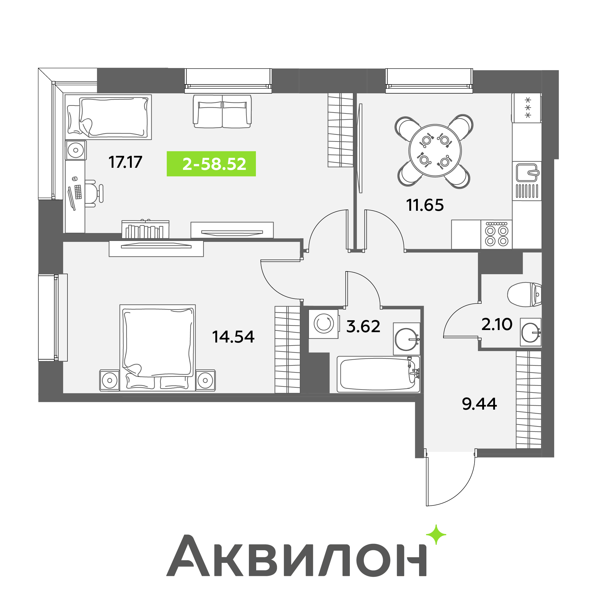2 комн. квартира, 58.5 м², 4 этаж 