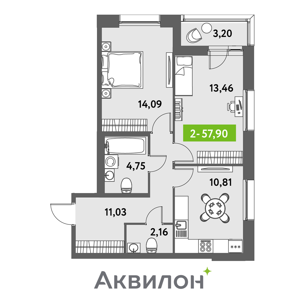 2 комн. квартира, 57.9 м², 2 этаж 