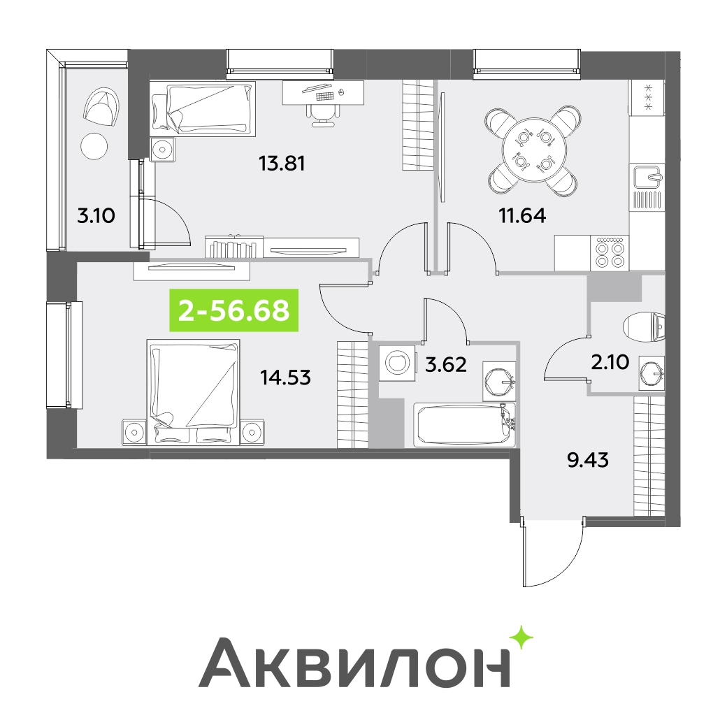 2 комн. квартира, 56.7 м², 12 этаж 