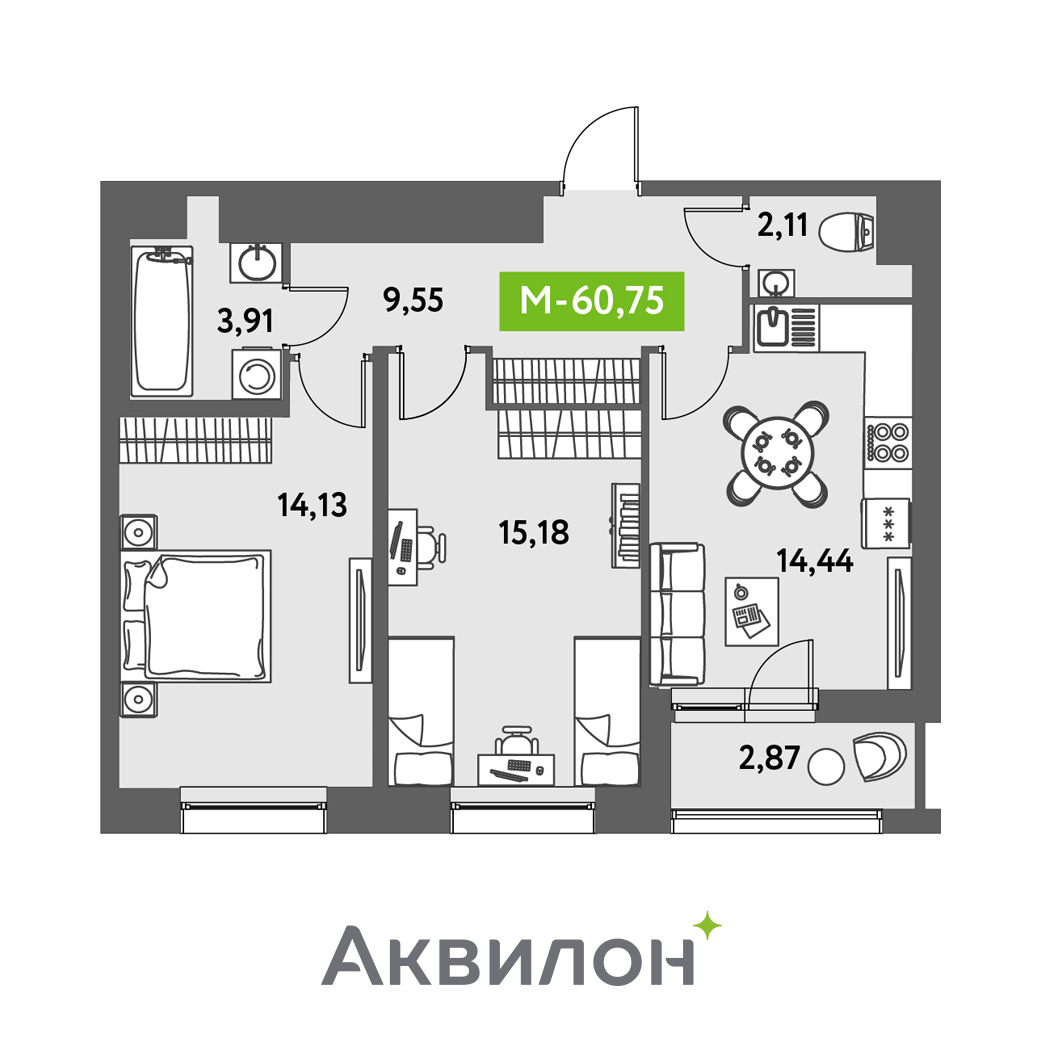 2 комн. квартира, 60.8 м², 12 этаж 
