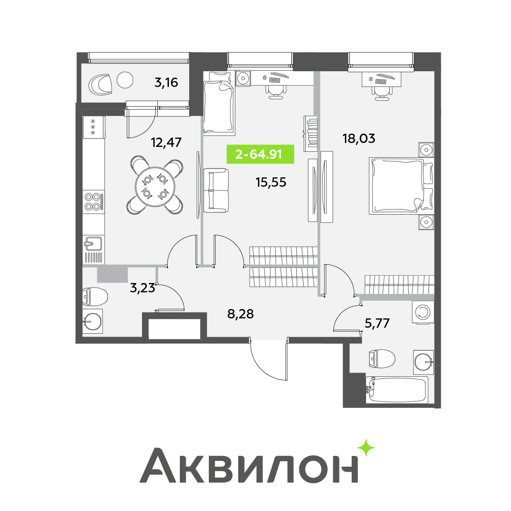 2 комн. квартира, 64.9 м², 12 этаж 