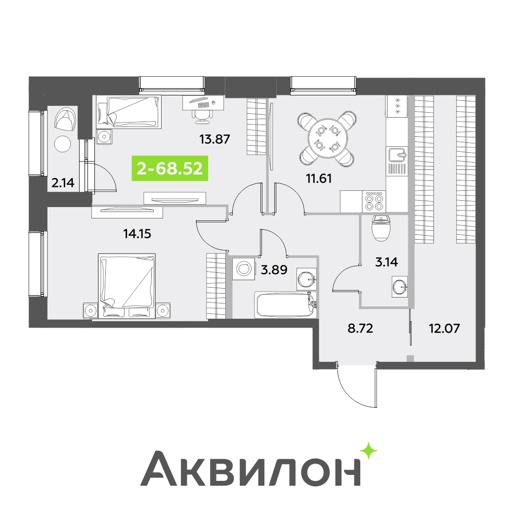 2 комн. квартира, 68.5 м², 1 этаж 