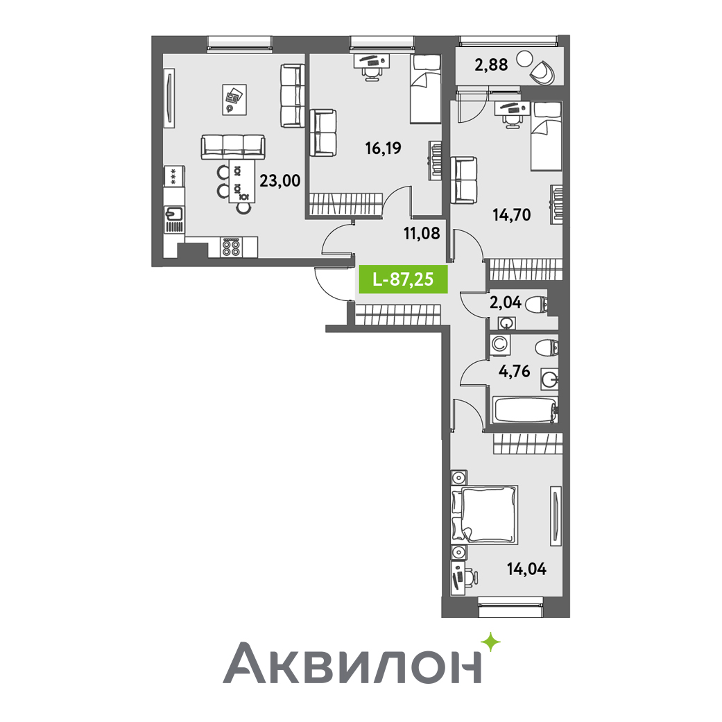 3 комн. квартира, 87.2 м², 7 этаж 