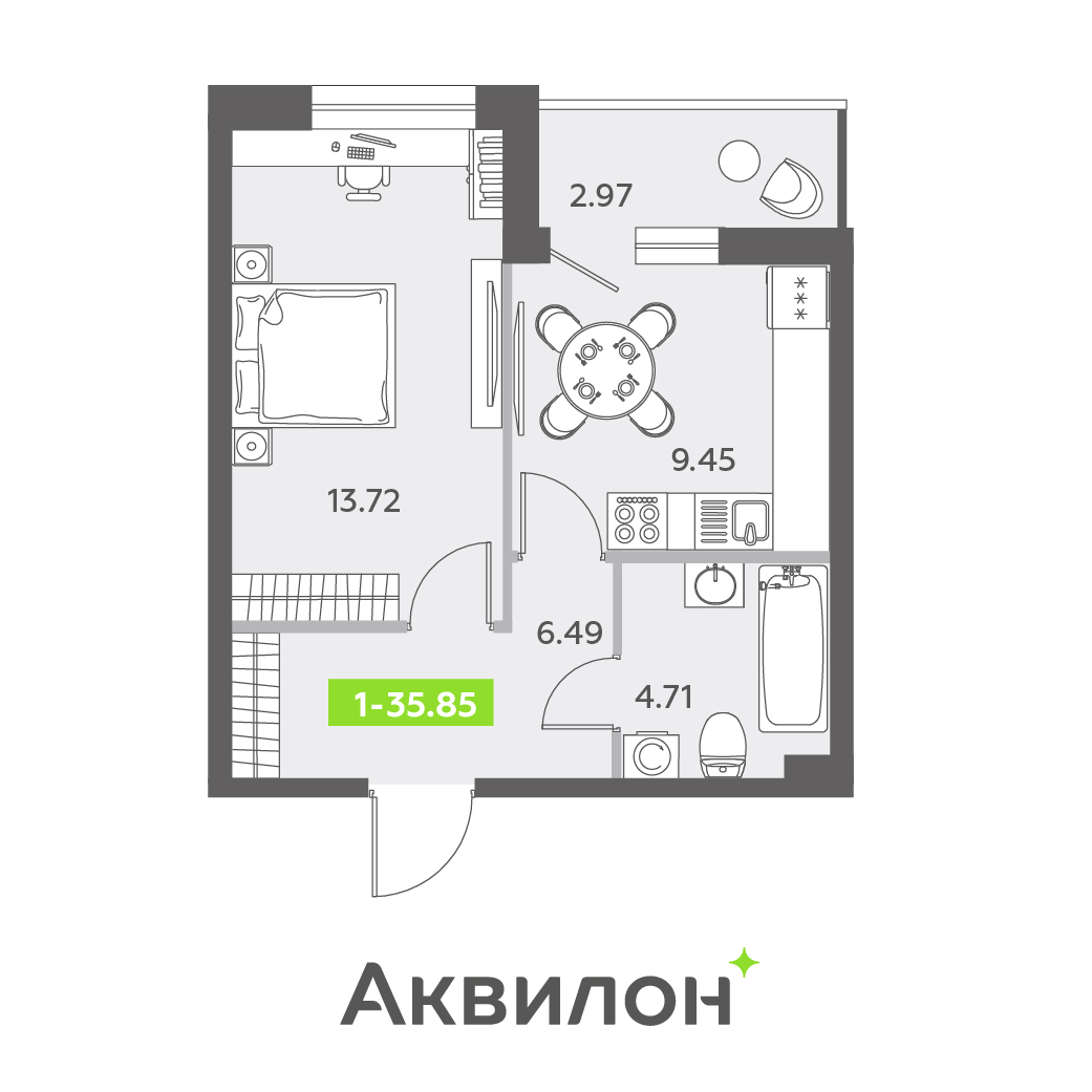1 комн. квартира, 35.9 м², 1 этаж 