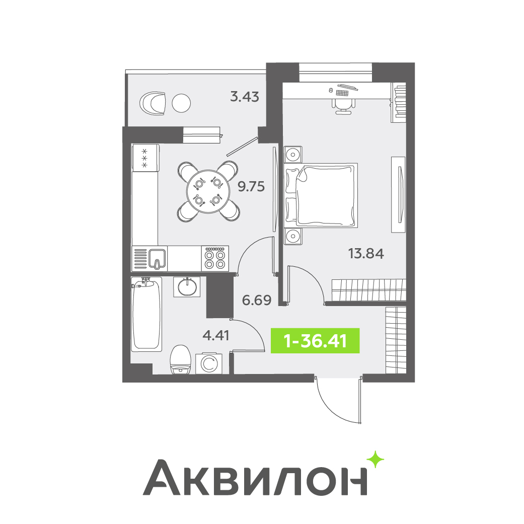 1 комн. квартира, 36.4 м², 3 этаж 