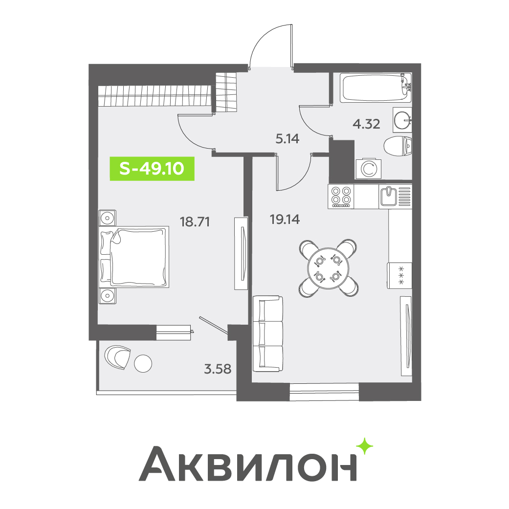 1 комн. квартира, 49.1 м², 13 этаж 