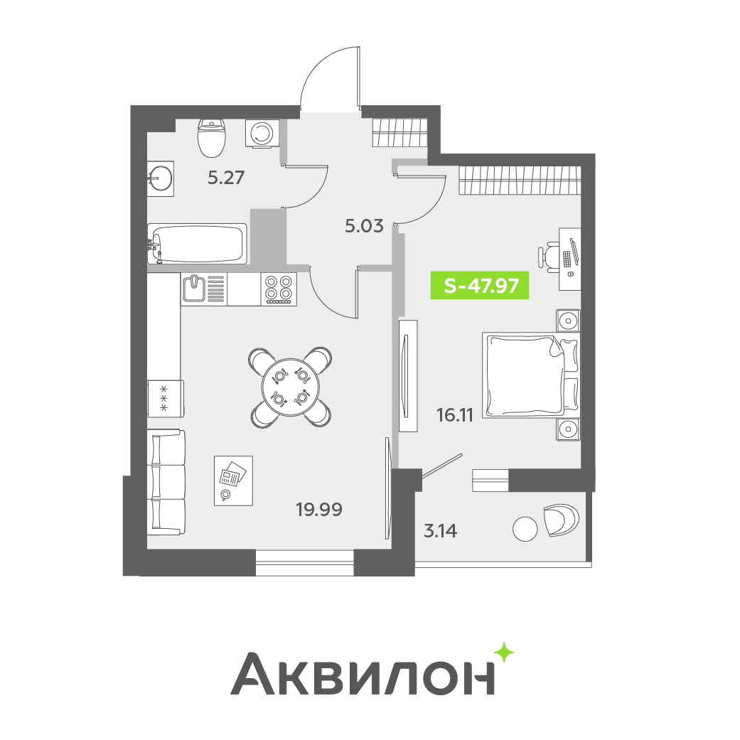 1 комн. квартира, 48 м², 12 этаж 