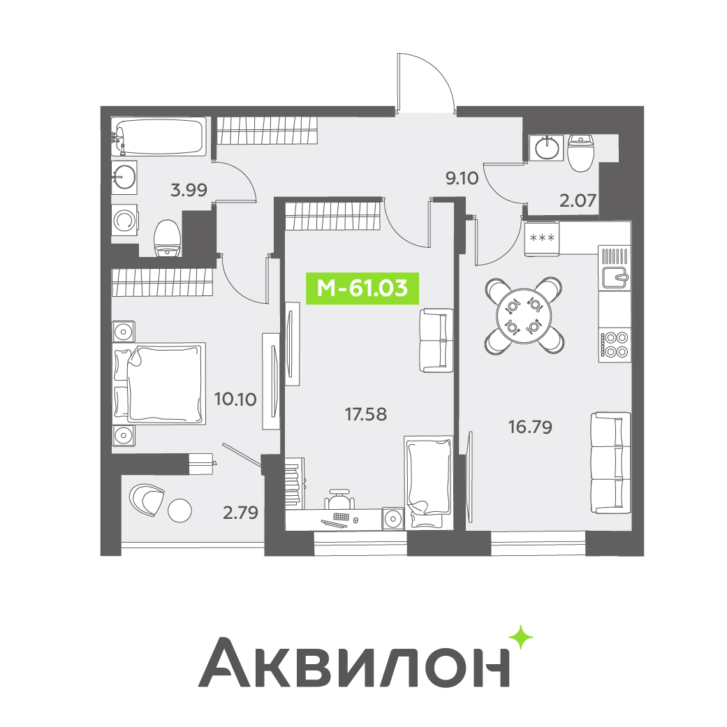 2 комн. квартира, 61 м², 12 этаж 