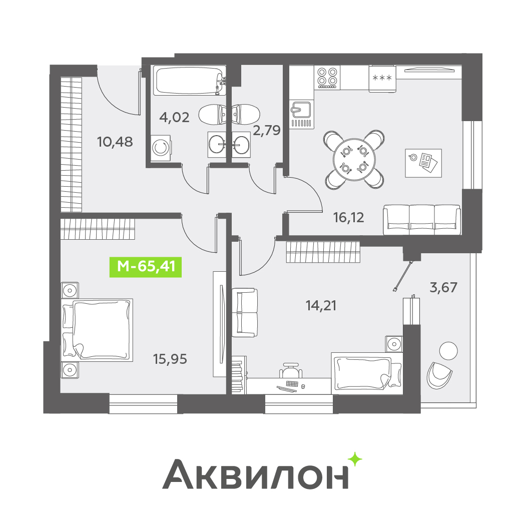 2 комн. квартира, 65.4 м², 3 этаж 