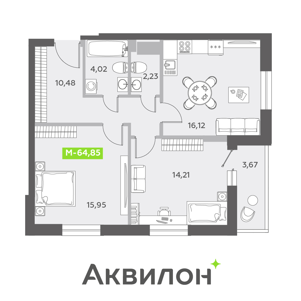 2 комн. квартира, 64.8 м², 13 этаж 
