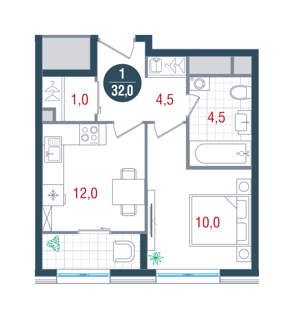 1 комн. квартира, 32 м², 16 этаж 
